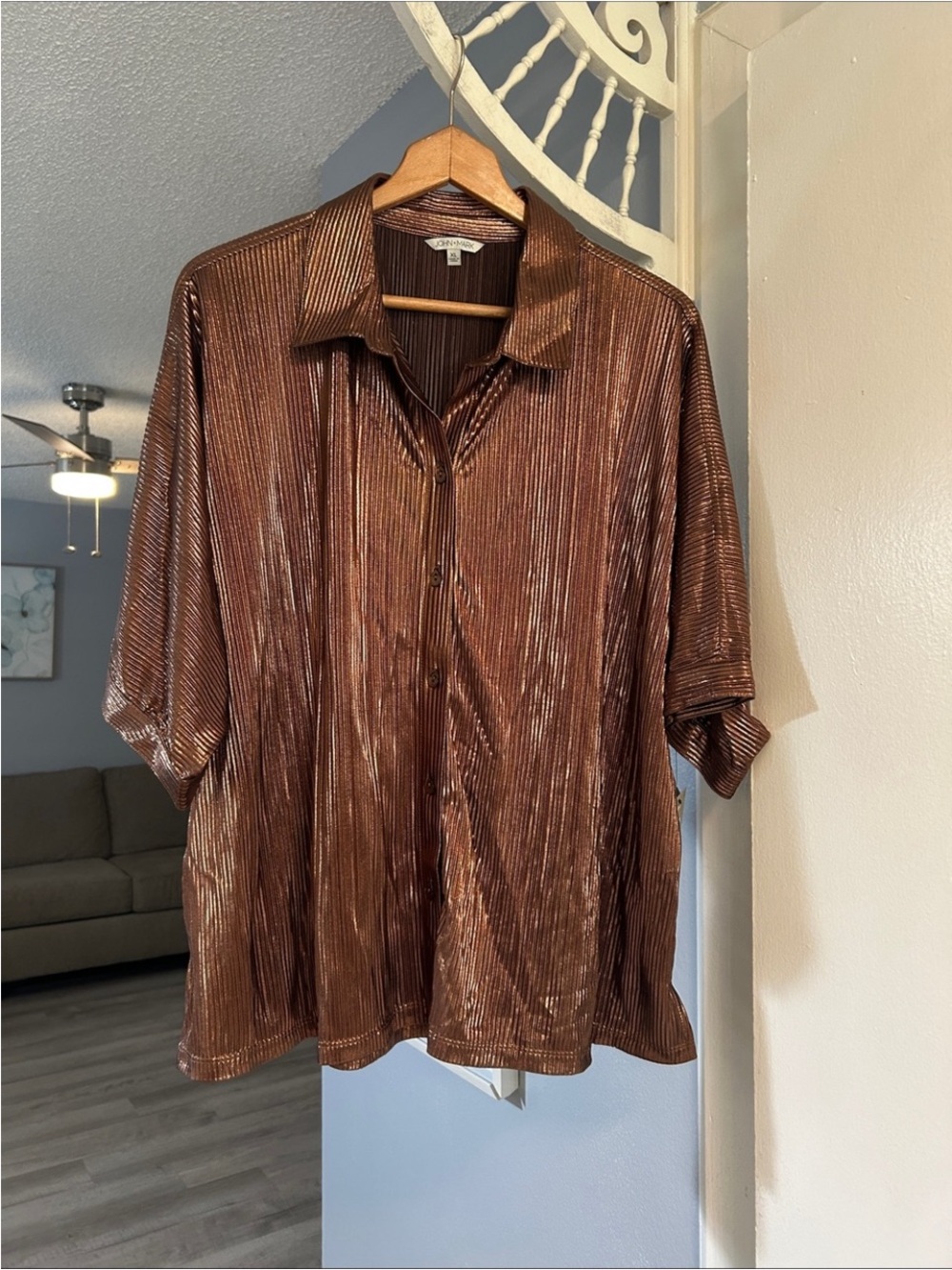 NWT John Mark Metallic Brown Pleated Button-Up Shirt Women’s Size XL